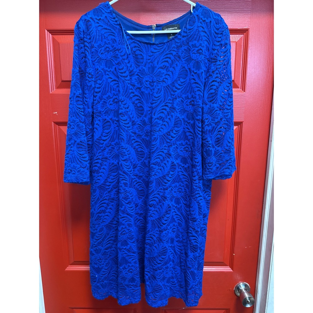 Liz Claiborne Royal Blue Floral Lace Shift Dress Size 16 3/4 Sleeve Back Zip